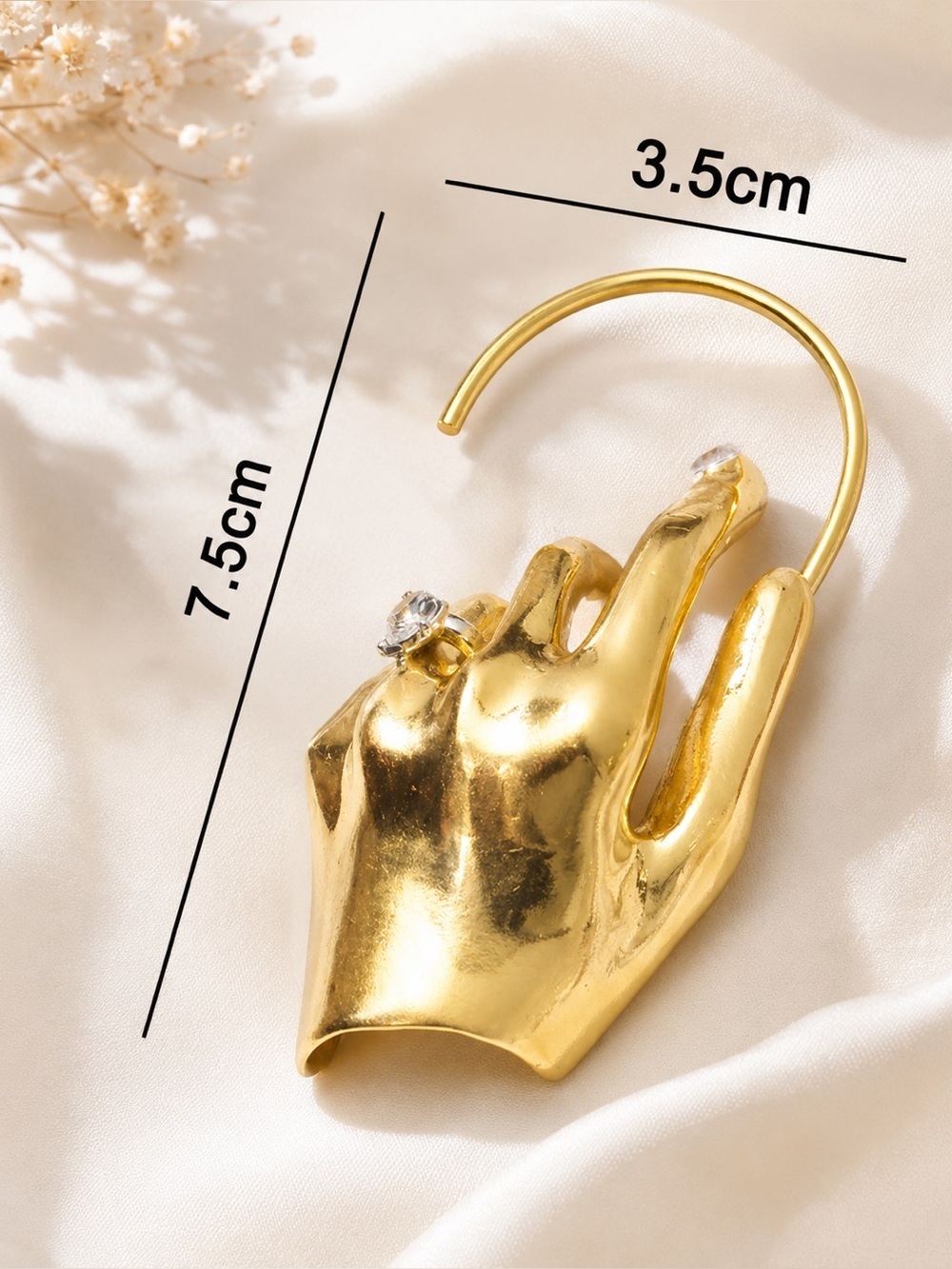 Gold Surrealistic Sculptural Hand Ear Cuff with Crystal Accent - Picture 3 of 6